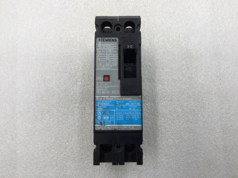 Siemens ED42B030 30 Amp 2 Pole 480V Type ED4 Circuit Breaker