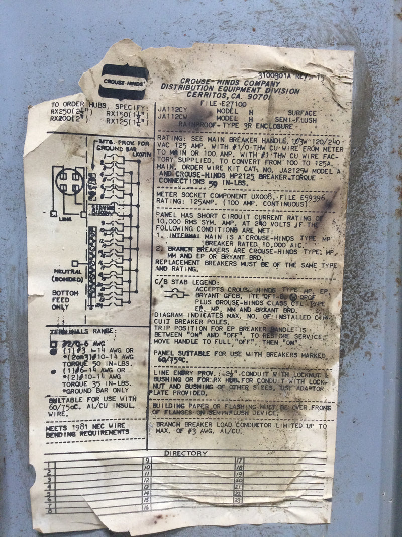 Crouse-Hinds JA-112CY 125 Amp Nema 3R 120/240V Cover Only 21 1/8" x 7 1/4"