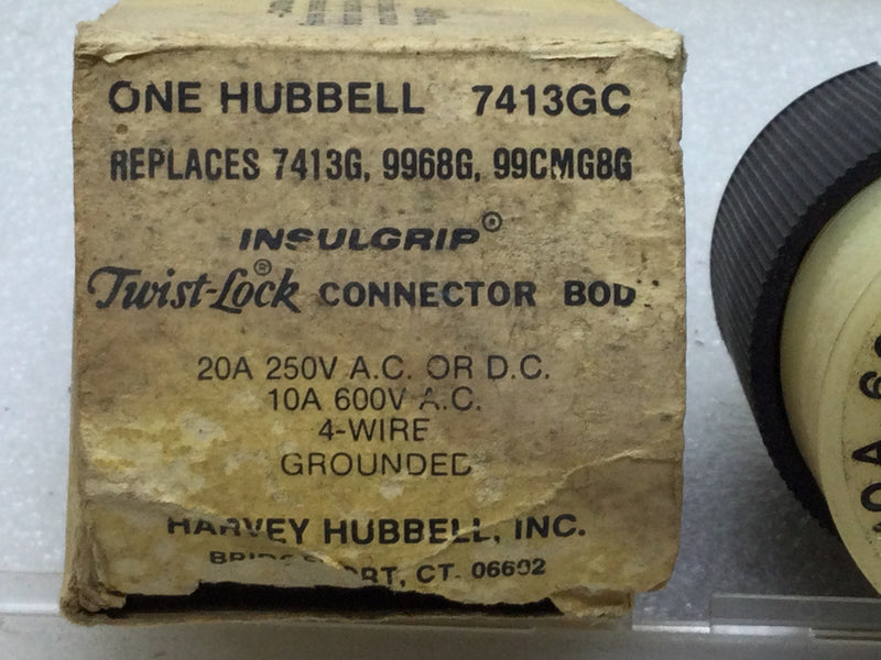 Hubbell 7413GC Insulgrip Twist-Lock Connector Body 20A 250V AC or DC 10Amp 600V AC 4-Wire-NIB Grounded