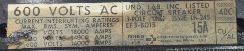 ITE EF3-B015 15 Amp 3 Pole 600V EF Frame Circuit Breaker