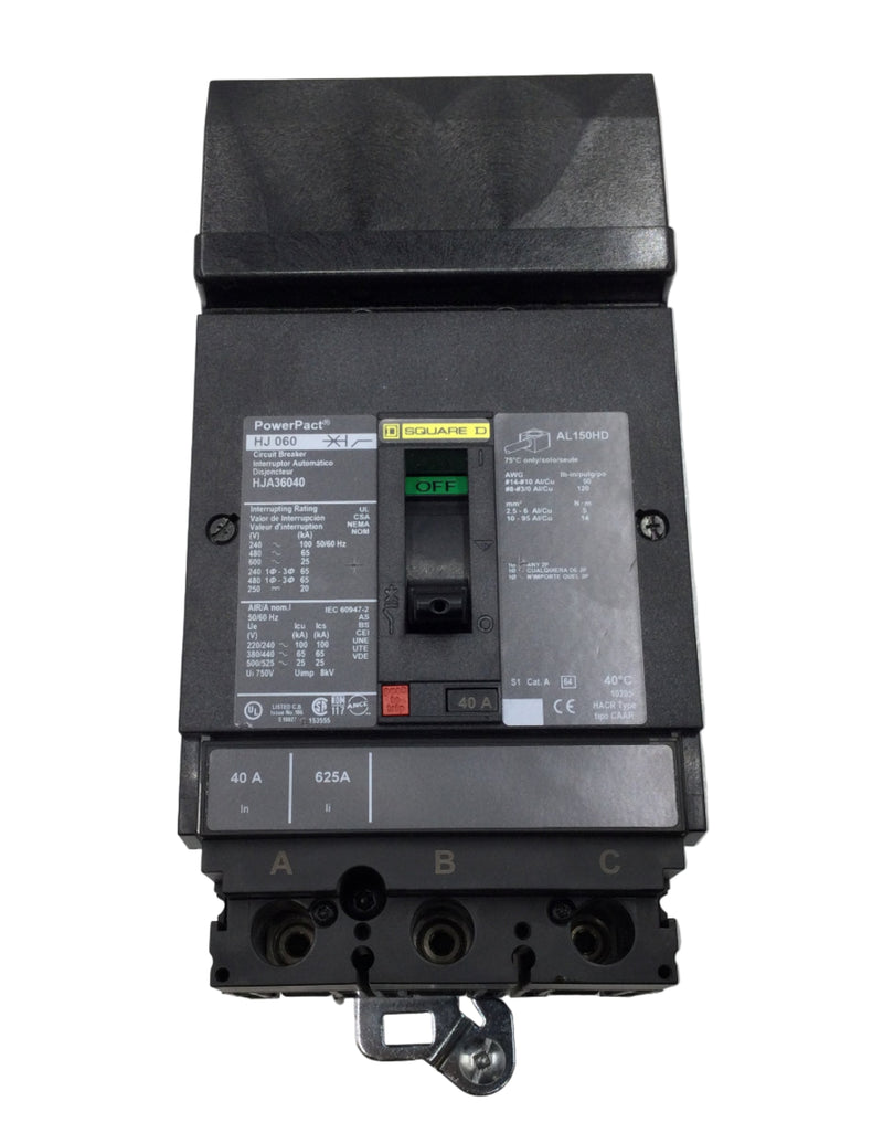 Square D HJA36040 40 Amp 3 Pole 600v I-Line PowerPact Circuit Breaker