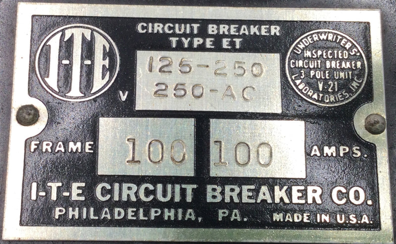 ITE ET100 100 Amp 3 Pole 250V ET Frame Circuit Breaker - Cosmetic Flaw