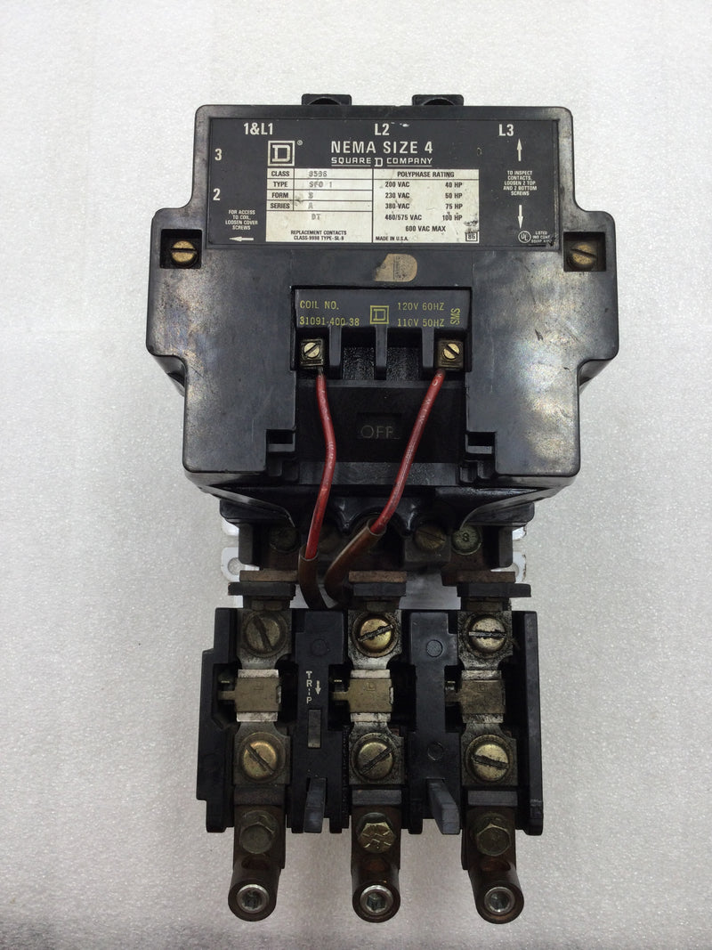 Square D 8536SF01 3 Pole 200 -575 VAC 40-100 HP Motor Starter with 120 VAC Coil