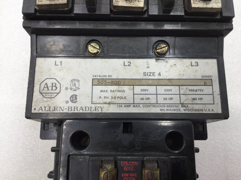 Allen-Bradley 505-EOD 135 Amp 3 Pole 200-575V 100HP Motor Starter w/120 VAC Coil