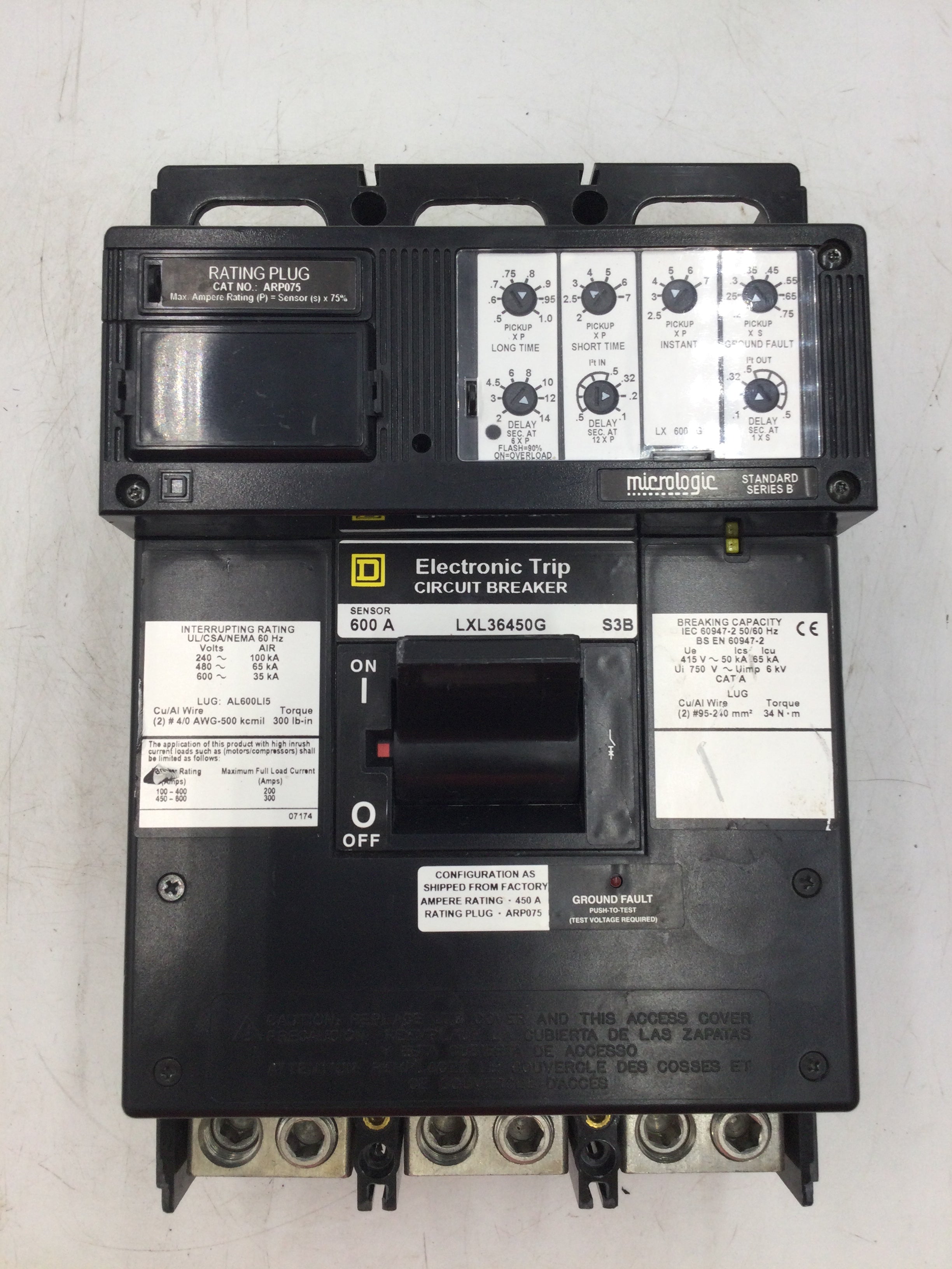 Square D LXL36450G 3 Pole 450 Amp Micrologic Type LXL Electronic Trip