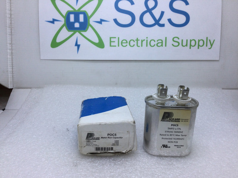 Packard POC5 370 Volt Oval Motor Run Capacitor 5 MFD +/- 5% 370VAC 50/60Hz