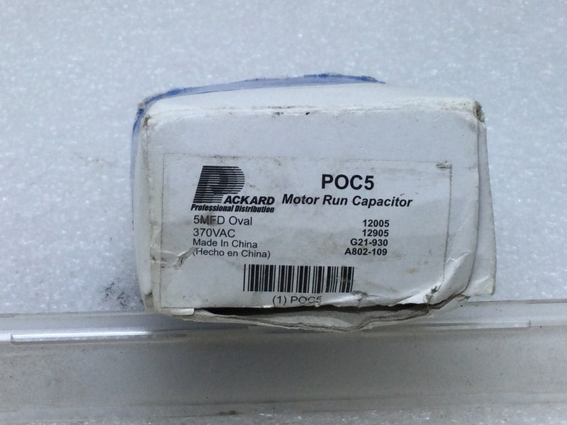 Packard POC5 370 Volt Oval Motor Run Capacitor 5 MFD +/- 5% 370VAC 50/60Hz