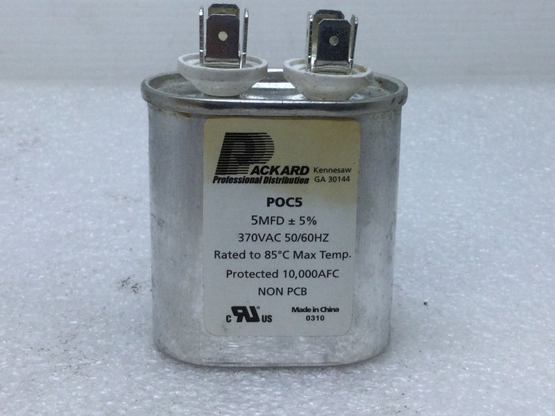 Packard POC5 370 Volt Oval Motor Run Capacitor 5 MFD +/- 5% 370VAC 50/60Hz
