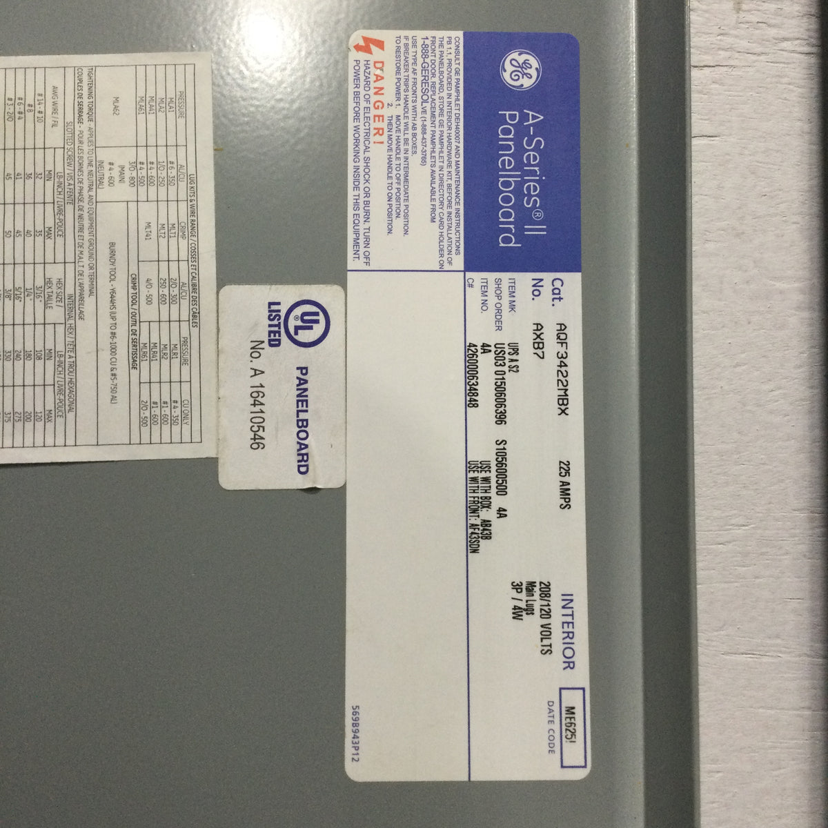 GE General Electric AQU3422MBX AXB7 225 Amp 208/120V Main Lug 3 Phase