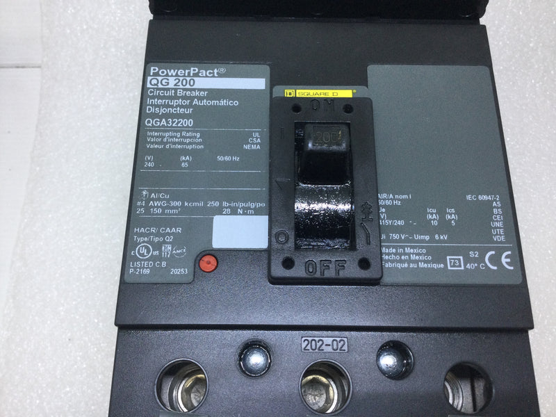 Square D QGA32200 200 Amp 3 Pole 240V PowerPact I Line Circuit Breaker