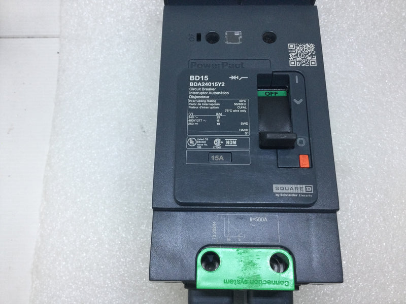 Square D BDA24015Y2-AC 15 Amp 2 Pole 480V AC BDA Series BD15 PowerPact I Line Circuit Breaker