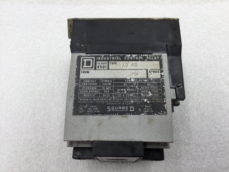 Square D 8501X040 20 Amp 8 Pole 600 VAC Industrial Control Relay w/120 VAC Coil