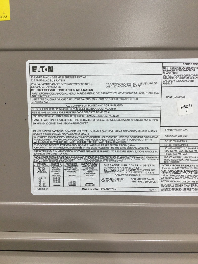 Eaton 225 Amp 32 Space 120/240V Panel Door w/Main 34 1/8" x 14 3/8" - Flaw