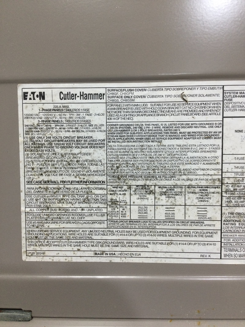 Cutler Hammer CH42L225G 225 Amp 42 Space 120/240V Panel Door 35 1/8" x 15 3/8"