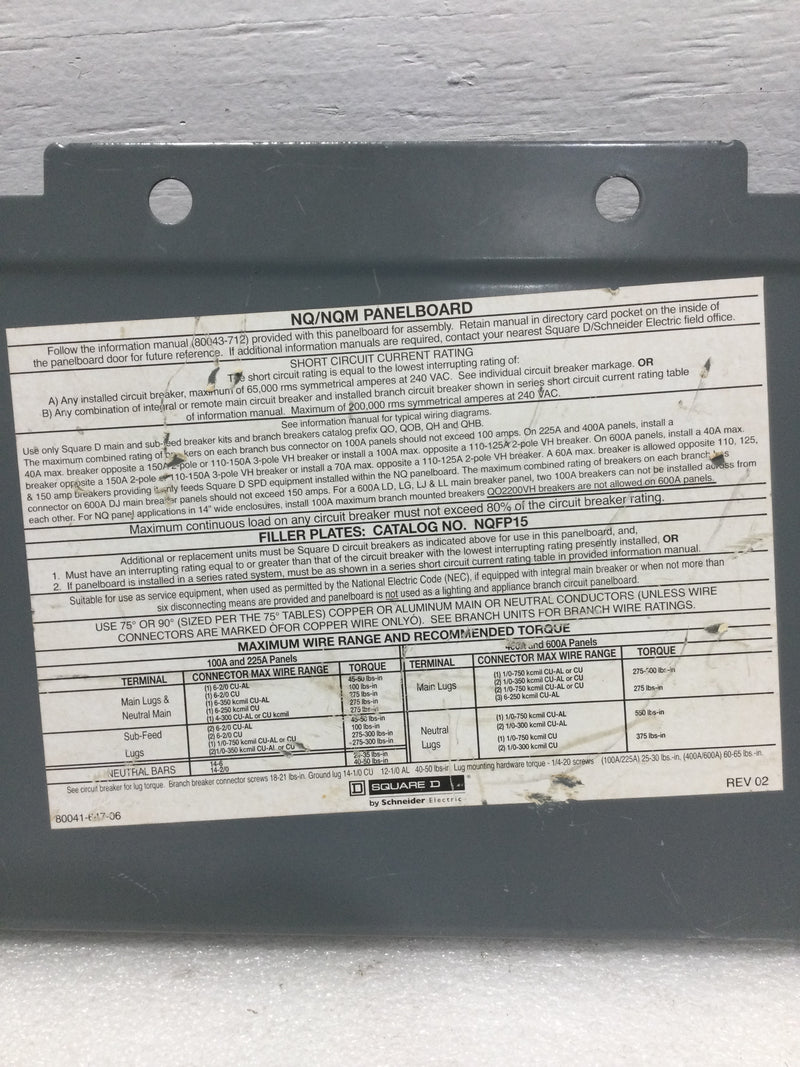 Square D NQFP15 Filler Plate 7 1/4" x 12 3/8"