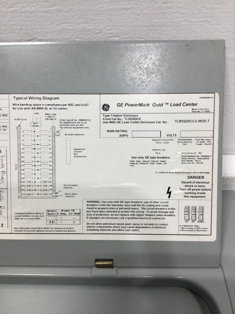General Electric TLM32DCD 200A 32S 120/240V Panel Door w/Main 34 1/2" x 15 3/8"
