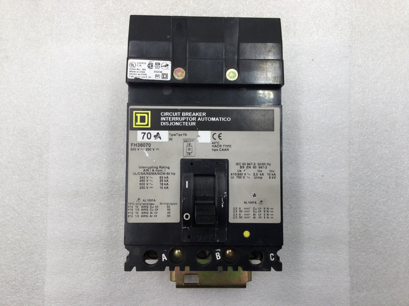 Square D FH36070 70 Amp 3 Pole 600V Type FA I-Line Circuit Breaker