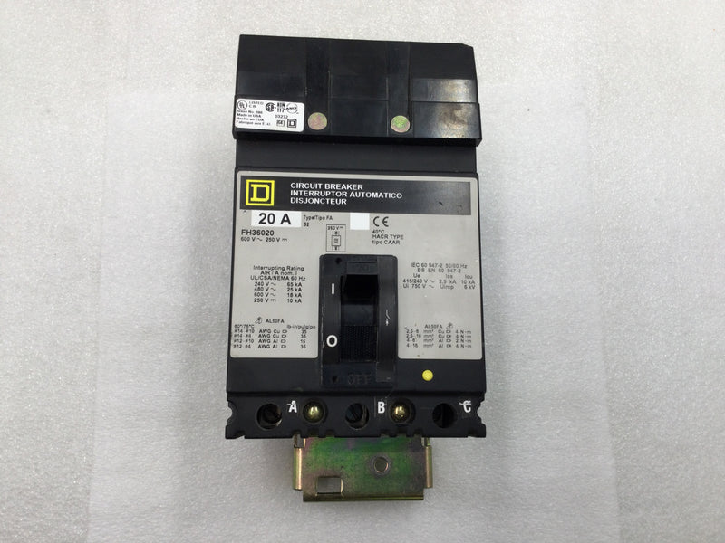 Square D FH36020 20 Amp 3 Pole 600V I-Line Circuit Breaker