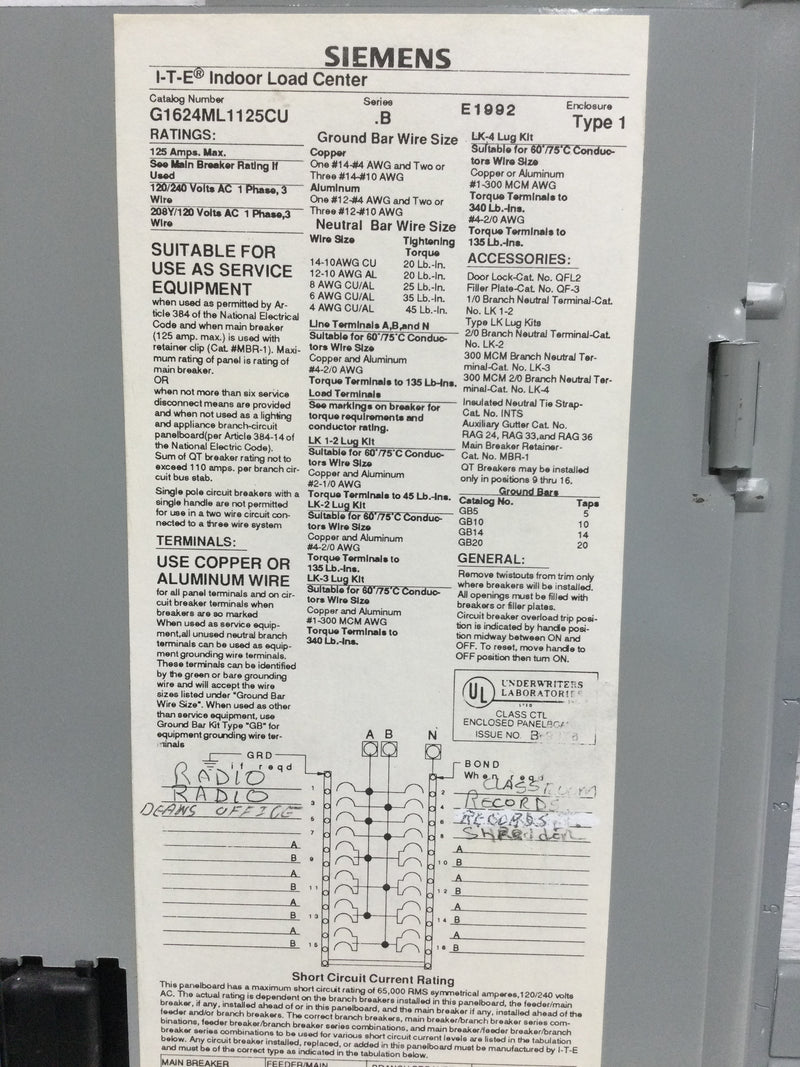 ITE Siemens G1624ML1125CU Cover/Door Only 16/24 Space 125 Amp 120/240V 22 1/8" x 15 1/2"