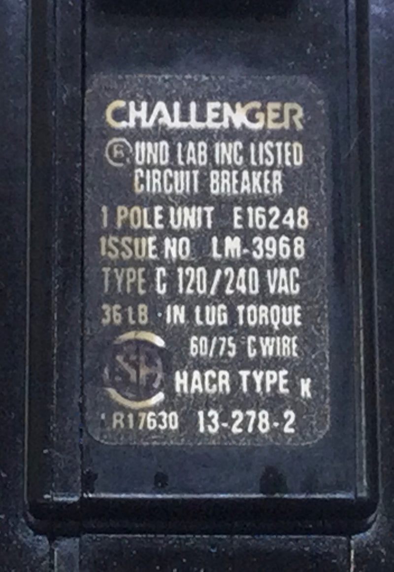 Challenger C120 20 Amp 1 Pole 120/240V Circuit Breaker - Sticker Face
