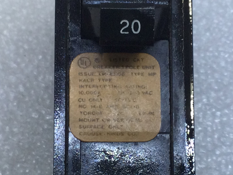 Crouse Hinds MP120 20 Amp 1 Pole 120/240V Circuit Breaker