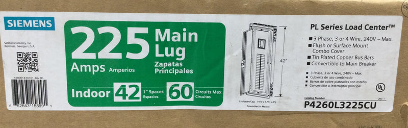 Siemens P4260L3225CU PL Series 225 Amp 42-Space 60-Circuit Main Lug Indoor 3-Phase Load Center