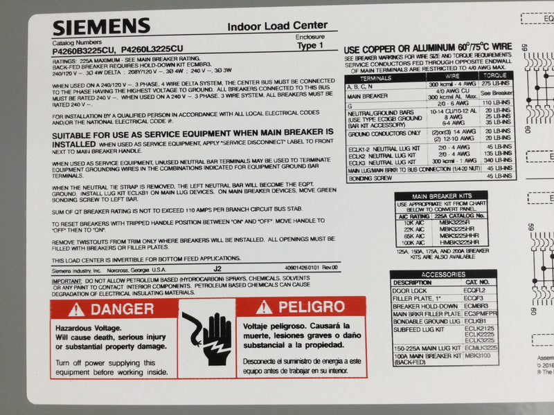 Siemens P4260L3225CU PL Series 225 Amp 42-Space 60-Circuit Main Lug Indoor 3-Phase Load Center