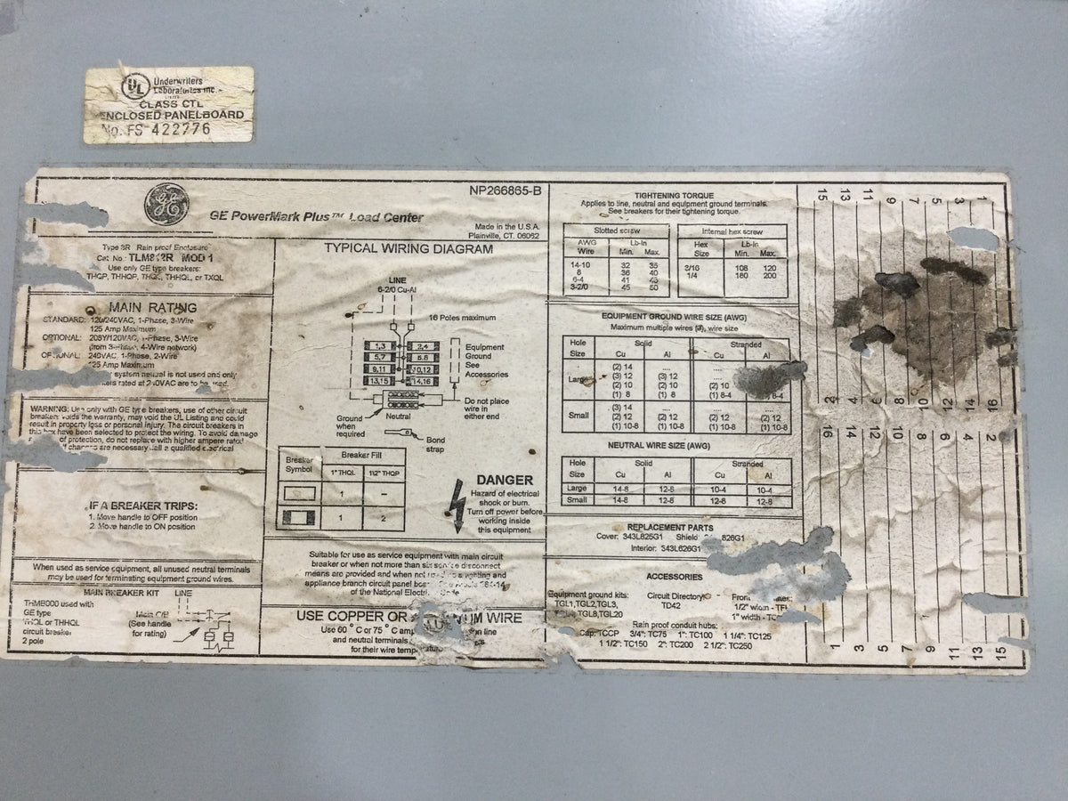 GE PowerMark Plus TLM812R Mod. 1 Panel Board Cover Only Nema 3R 125 Am