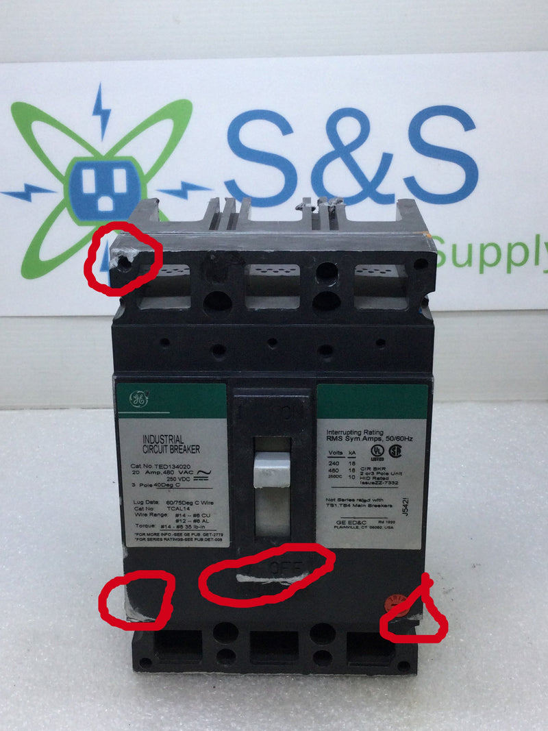 GE General Electric TED134020 20 Amp 480Vac/250VDC 3-Pole Type TED Circuit Breaker
