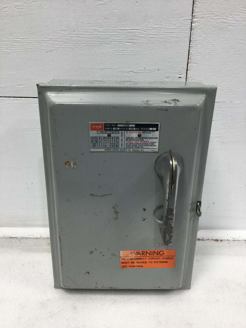 Federal Pacific 1336R Nema 3R 30 Amp 3 Pole 600 VAC 20 HP Fusible Safety Switch