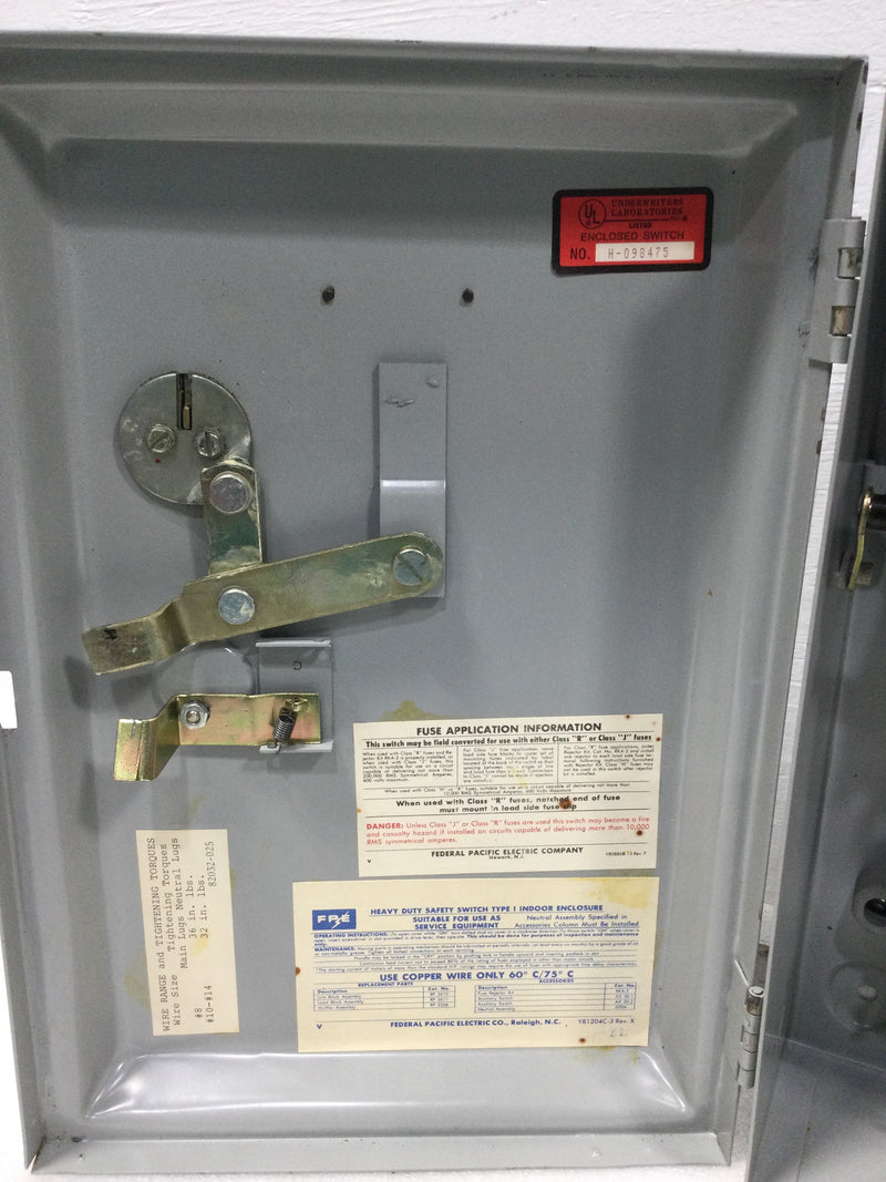 Federal Pacific 1336R Nema 3R 30 Amp 3 Pole 600 VAC 20 HP Fusible Safety Switch