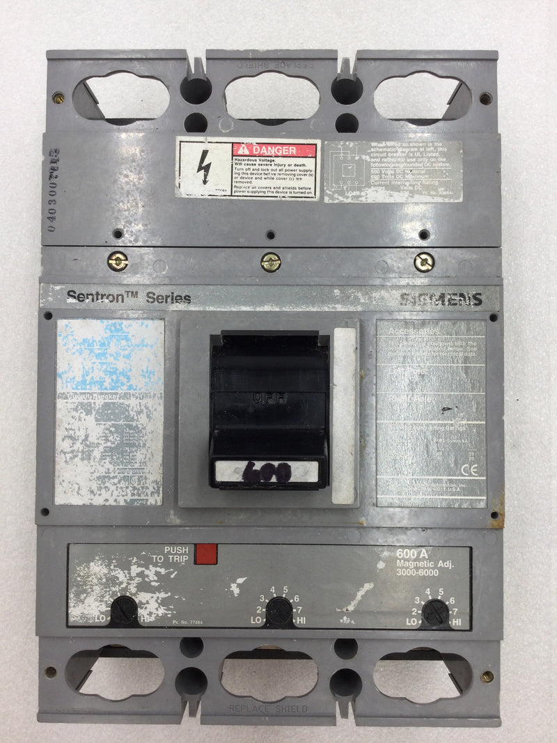 Siemens FXD63B600 3 Pole 600 Amp 600VAC Sentra Series Type FXD6-A Circuit Breaker