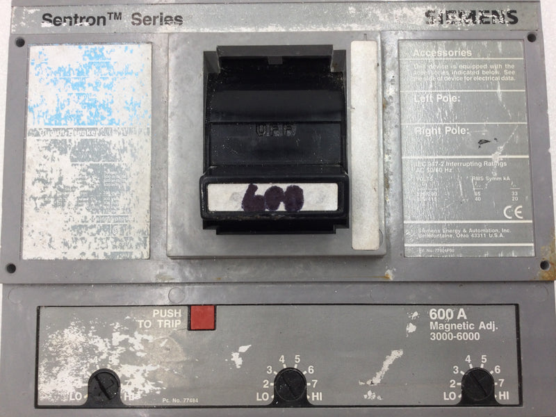 Siemens FXD63B600 3 Pole 600 Amp 600VAC Sentra Series Type FXD6-A Circuit Breaker