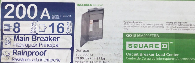 Square D QO1816M200FTRB 200 Amp Single Phase 240V Load Center 30 3/8" x 14 3/4"