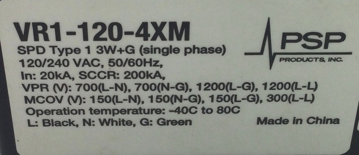 PSP Vortexx VR1-120-4XM 50/60Hz 120/240V Series R Type 1 Surge Protect