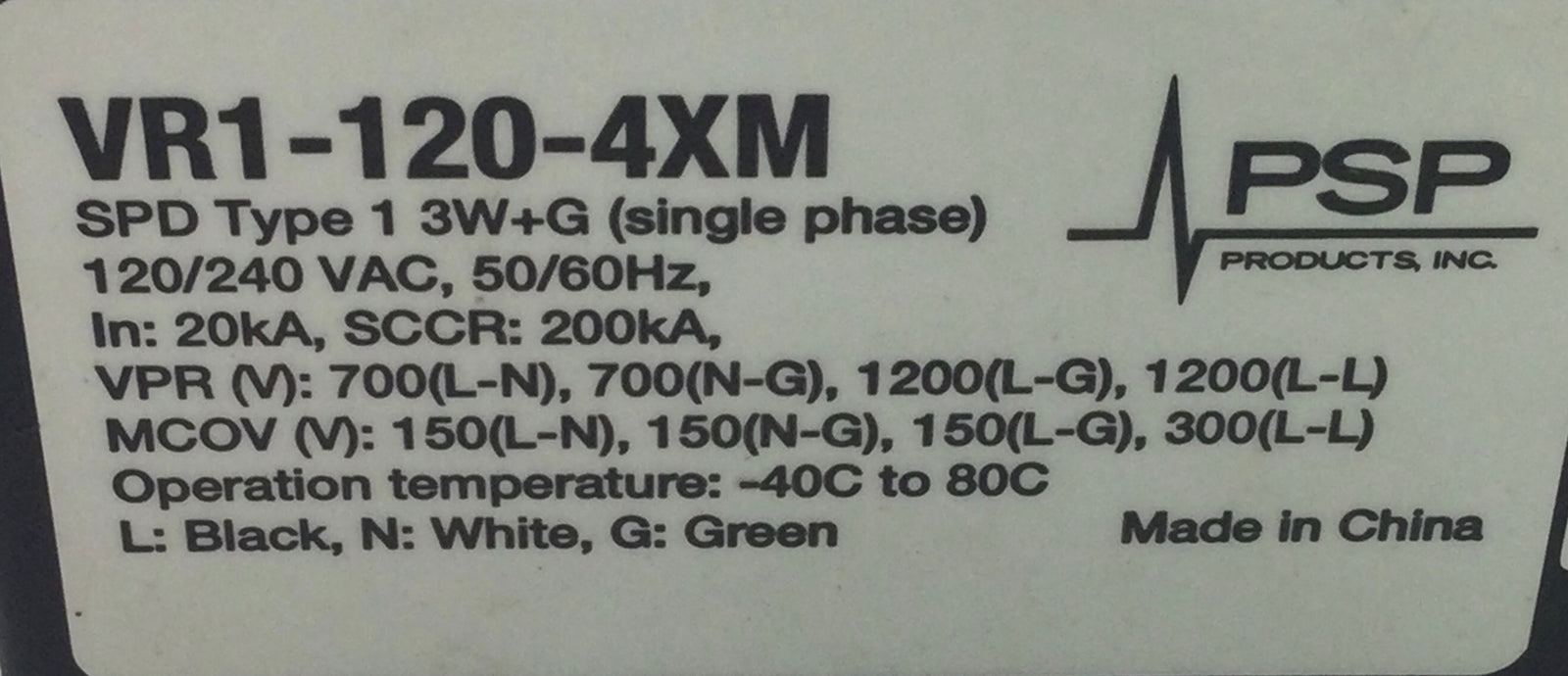 PSP Vortexx VR1-120-4XM 50/60Hz 120/240V Series R Type 1 Surge Protect