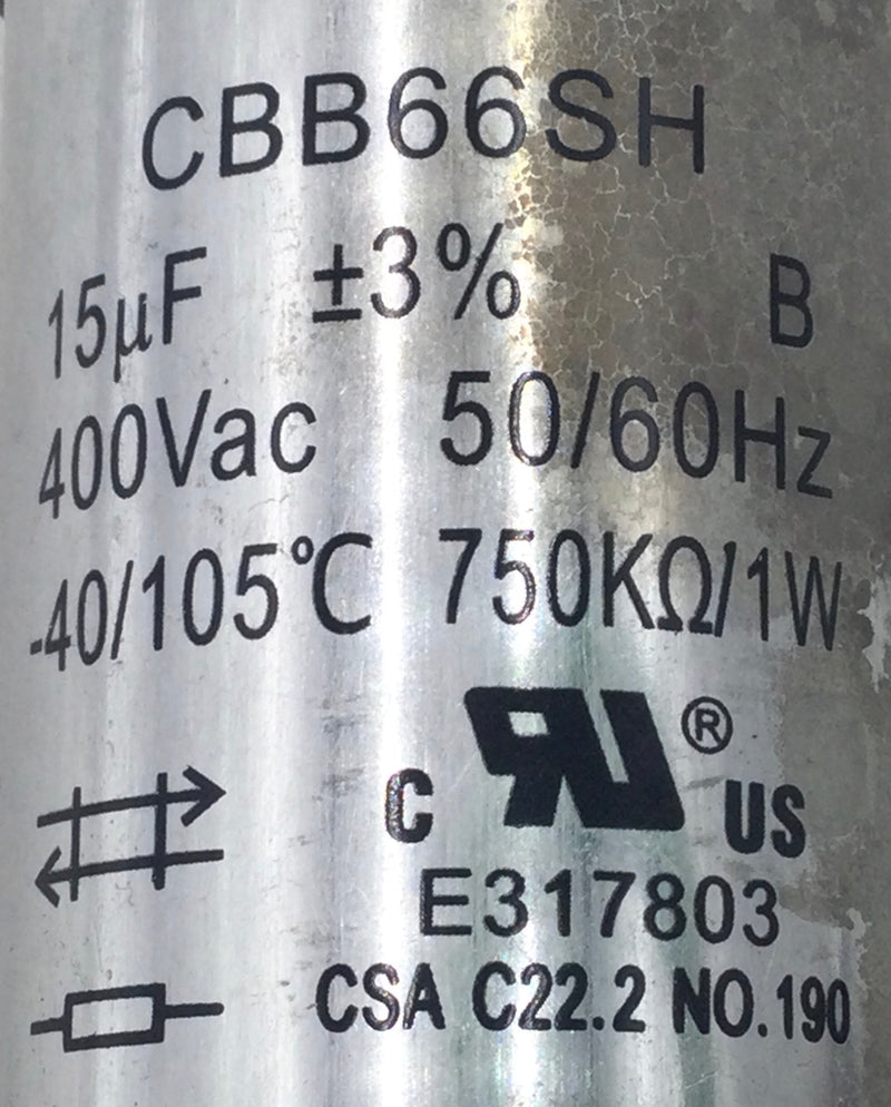 Capacitor CBB66SH / E317803 15uf+3% 400V 50/60hz 750k/1w