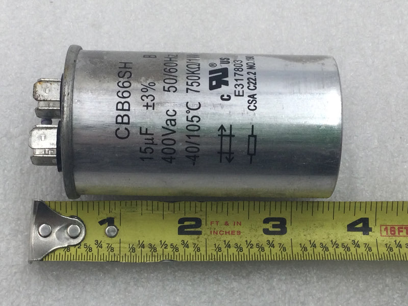Capacitor CBB66SH / E317803 15uf+3% 400V 50/60hz 750k/1w