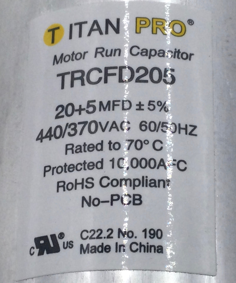 Titan TRCFD205 20+5MFD+5% 370/440V Motor Run Dual Capacitor