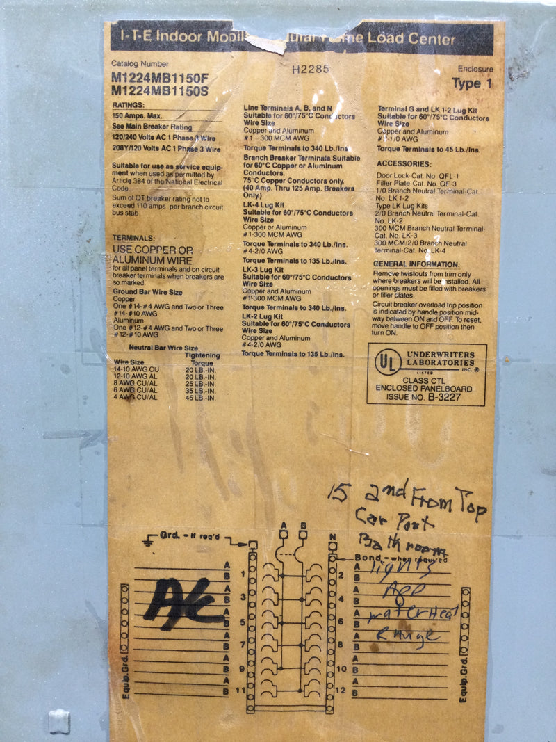 ITE/Gould M1224MB1150F/S 150A 12S 120/240V Panel Door w/Main 25 1/8" x 15 1/2"