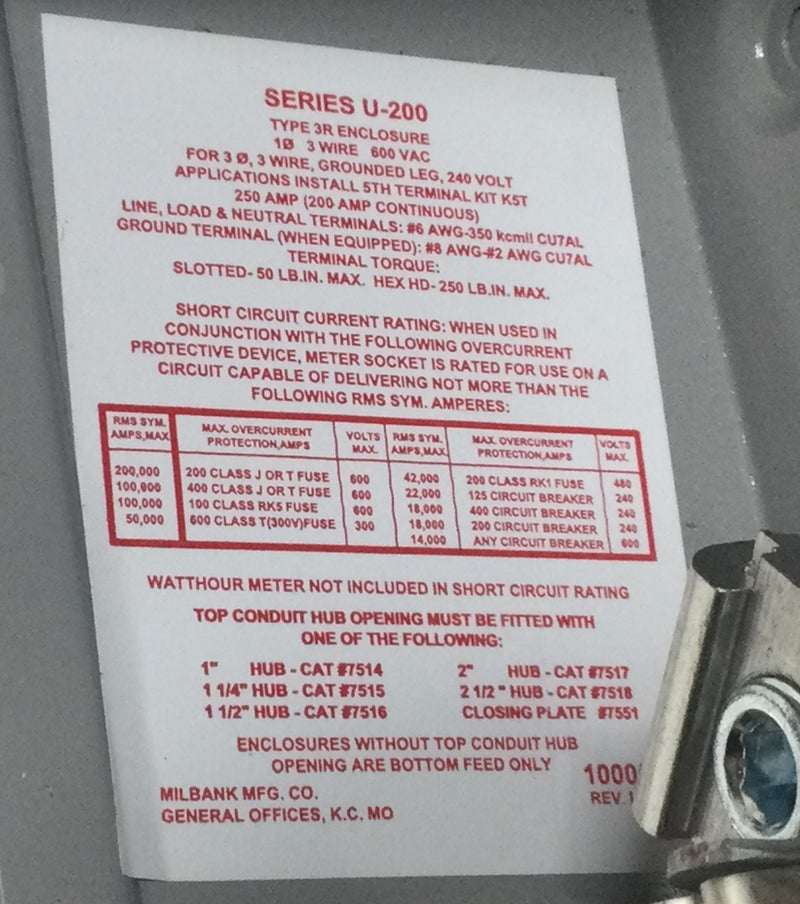 Milbank U7040-XL-TG-HSP 200 Amp Single Phase 600V Nema3R Meter Socket Enclosure