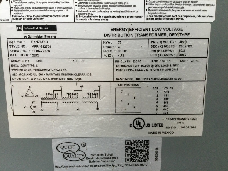 Square D EXN75T3H Transformer, dry type, DOE 2016, 75kVA, 3 phase, 480V delta primary, 208Y/120V secondary, 20M, 150C rise
