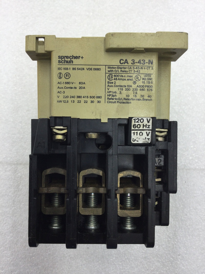 Sprecher & Schuh CA3-43-N-11 45 Amp 220-600 VAC 3 Pole Motor Starter w
