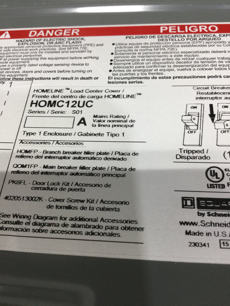 Square D HOMC12UC Load Center Cover/Door Only With Main HOMC12UC 12 Spaces Type 1 Enclosure 19 1/8" x 15 1/2"