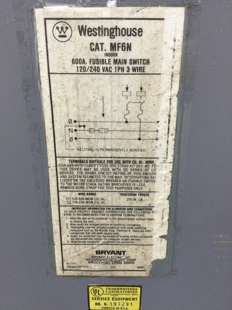 Westinghouse/Bryant Meter QS-4 / Q-S5 QS/QP Quick-Stack Meter Center MF6N 600 amp Fusible Main Switch Buss Bars