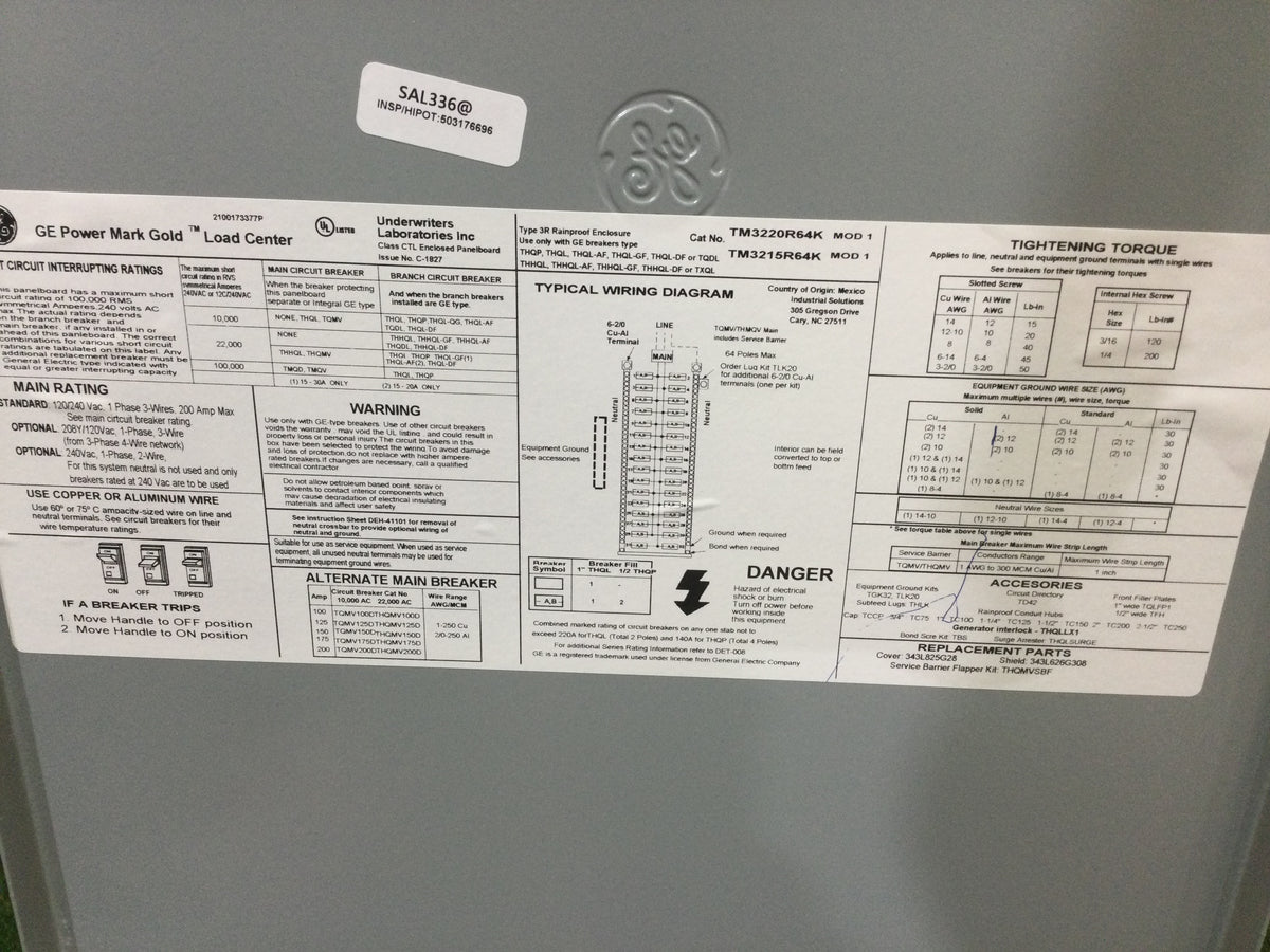 General Electric TM3220/TM3215 200 Amp 32 Space Hinged Panel Cover 34