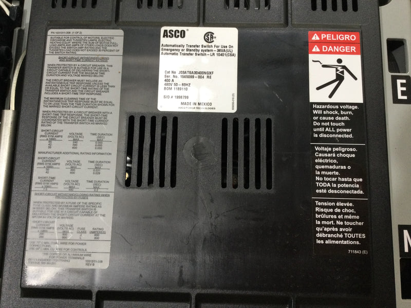 Asco J03ATSA30400NGXF 400 Amp 480V 3ph TRANSFER SWITCH ONLY