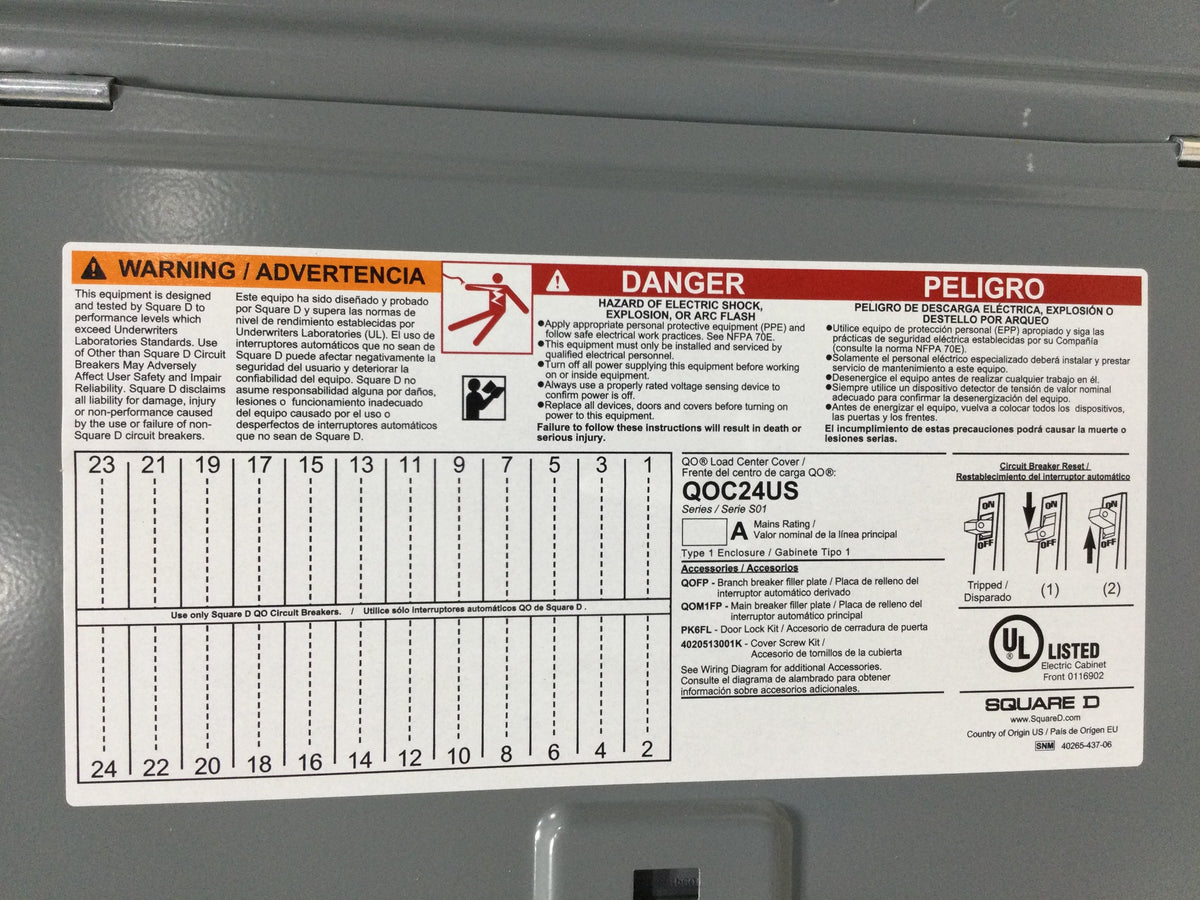 Square D QOC24US 24 Space 120/240V Panel Door Only w/Main 21