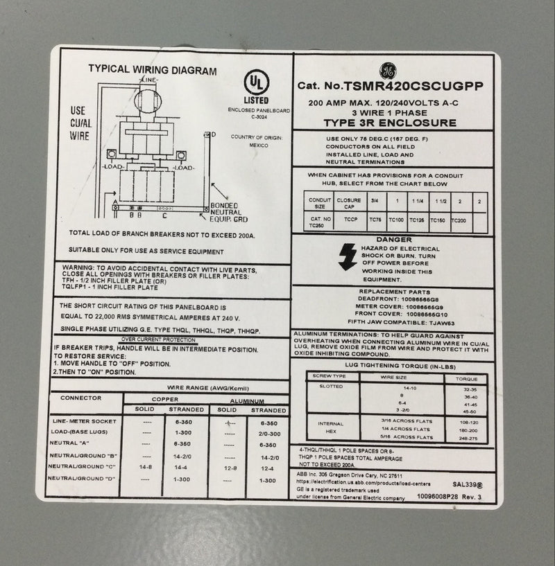 GE TSMR420CSCUGPP Front Cover 10086565G10  Main Breaker/Ringless Meter Socket Outdoor Load Center -Front Cover Only 16" x 14 3/8"