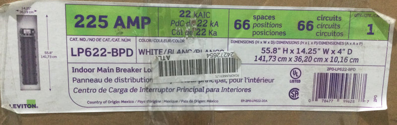 Levitron LP622-BPD Indoor Main Breaker Load Center 225 AMP, 66 Space/66 Circuit